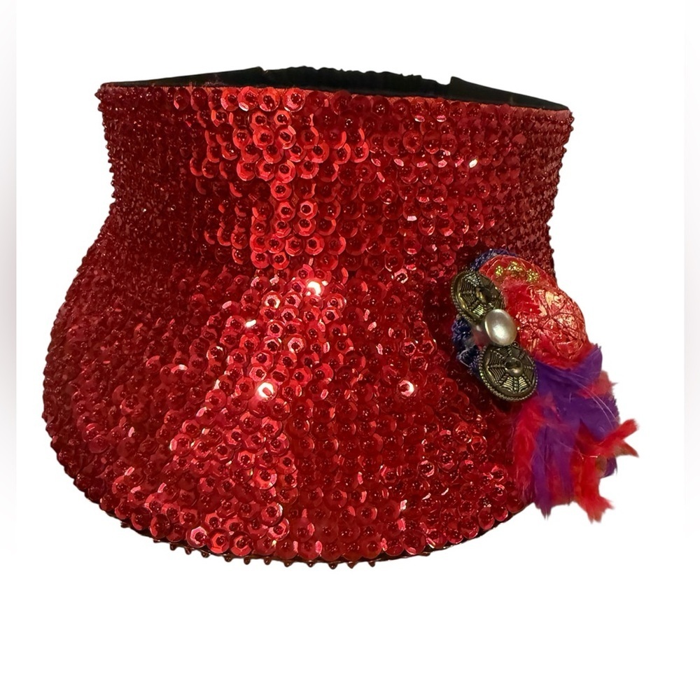 Handmade Red Hat Society Sequin Visor with Feather & Hat Pin Detail